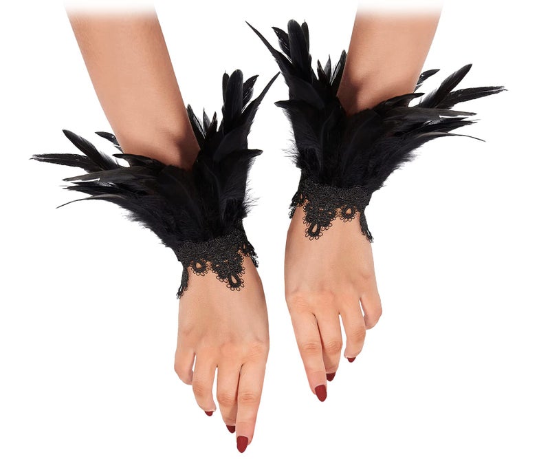 L'VOW Real Nature Feather Cuffs for Game Party Halloween Pack of 2 Black - Image 2